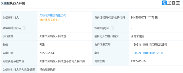 实地地产成为失信被执行人,曾累计被执行44.47万元